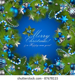 Christmas background with baubles and christmas tree. Vector frame with green fir.