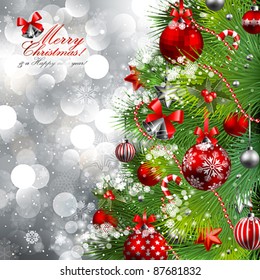 Christmas background with baubles and christmas tree. Vector illustration.