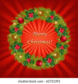 Christmas Background With Beams And Wreath, Vector Illustration