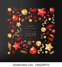 Christmas Background with beautiful Border made of Cutout Gold Foil Stars and Silver Snowflakes. Chic Christmas Greeting Card. Happy new year 2020. Vector