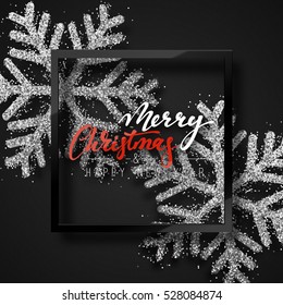 Christmas background, with beautiful bright snowflakes realistic shine glitter. In Framed calligraphy handmade. Merry Christmas poster, greeting card. Xmas decorations for the holidays