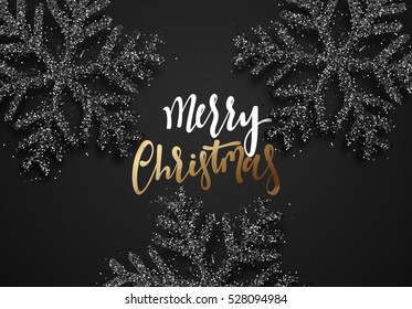 Christmas background, with beautiful bright snowflakes realistic shine glitter. Merry Christmas and Happy New Year poster, greeting card. Xmas holidays
