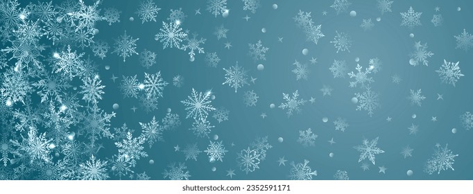 Christmas background of beautiful complex big and small snowflakes in light blue colors. Winter illustration with falling snow
