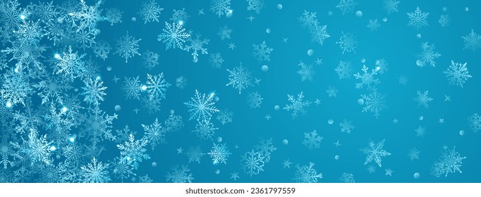 Christmas background of beautiful complex big and small snowflakes in blue colors. Winter illustration with falling snow