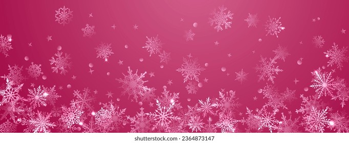 Christmas background of beautiful complex big and small snowflakes in pink colors. Winter illustration with falling snow