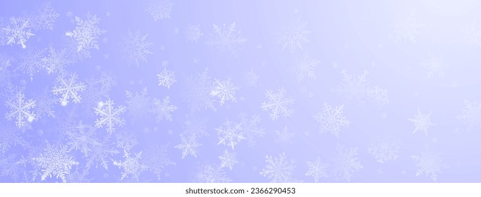 Weihnachtshintergrund von schönen komplexen großen und kleinen Schneeflocken in hellvioletten Farben. Wintergrafik mit fallendem Schnee