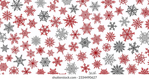 Fondo navideño de hermosos y complejos copos de nieve en colores rojo, gris y blanco. Ilustración de invierno con nieve en caída