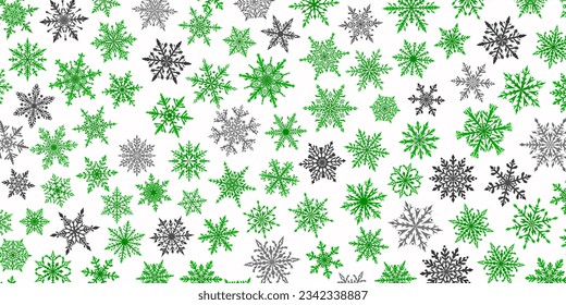 Christmas background of beautiful complex snowflakes in green, gray and white colors. Winter illustration with falling snow
