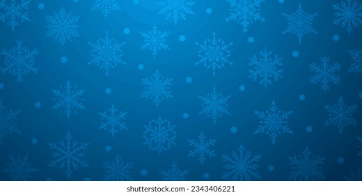 Fondo navideño de hermosos y complejos copos de nieve en colores azules. Ilustración de invierno con nieve en caída