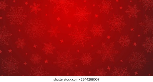 Christmas background of beautiful complex snowflakes in red colors. Winter illustration with falling snow