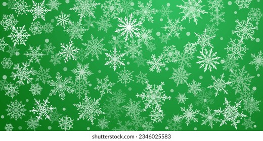 Christmas background of beautiful complex snowflakes in green colors. Winter illustration with falling snow