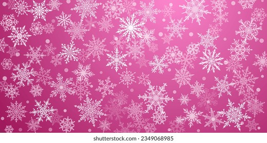 Fondo navideño de hermosos y complejos copos de nieve en colores violeta. Ilustración de invierno con nieve en caída