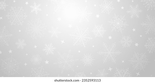Fondo navideño de hermosos y complejos copos de nieve en colores grises. Ilustración de invierno con nieve en caída