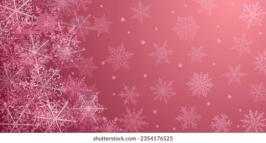 Christmas background of beautiful complex snowflakes in red colors. Winter illustration with falling snow