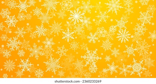Fondo navideño de hermosos y complejos copos de nieve en colores amarillos. Ilustración de invierno con nieve en caída