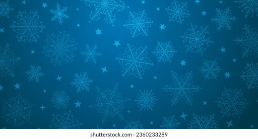 Fondo navideño de hermosos y complejos copos de nieve en colores azules. Ilustración de invierno con nieve en caída
