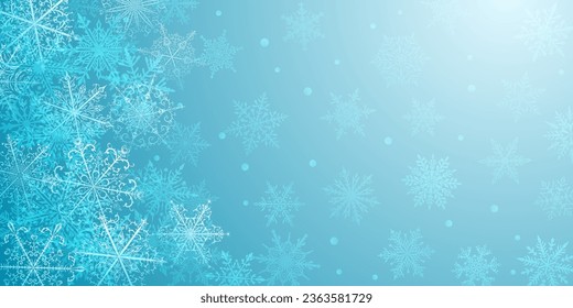 Christmas background of beautiful complex snowflakes in light blue colors. Winter illustration with falling snow