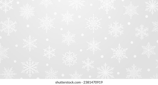 Christmas background of beautiful complex snowflakes in gray colors. Winter illustration with falling snow