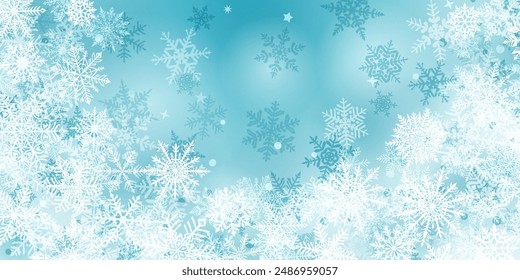 Navidades de fondo de hermosos copos de nieve complejos ubicados debajo, blanco sobre colores azul claro. Ilustración de invierno con nieve cayendo.