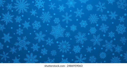 Christmas background of beautiful complex snowflakes in blue colors. Winter illustration with falling snow.