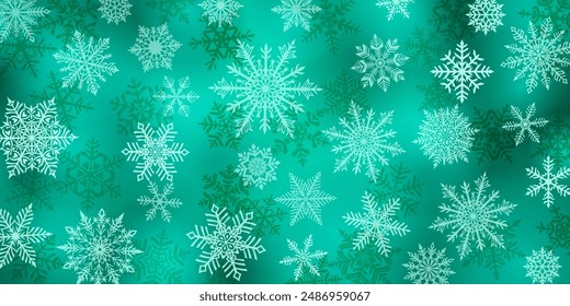 Christmas background of beautiful complex snowflakes, white on turquoise. Winter illustration with falling snow.