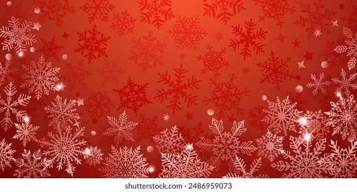 Navidades de fondo de hermosos copos de nieve complejos ubicados debajo, blanco sobre colores rojos. Ilustración de invierno con nieve cayendo.