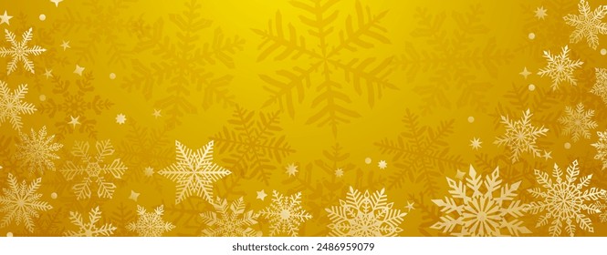 Navidades de fondo de hermosos copos de nieve complejos ubicados debajo, blanco sobre colores amarillos. Ilustración de invierno con nieve cayendo.