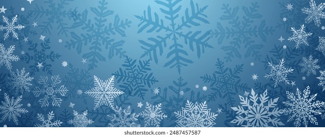 Christmas background of beautiful complex snowflakes located below, white on light blue colors. Winter illustration with falling snow.