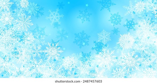 Navidades de fondo de hermosos copos de nieve complejos ubicados debajo, blanco sobre colores azul claro. Ilustración de invierno con nieve cayendo.