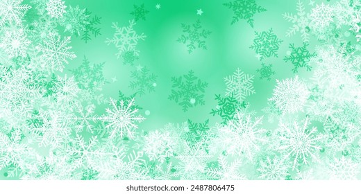 Christmas background of beautiful complex snowflakes located below, white on light green colors. Winter illustration with falling snow.