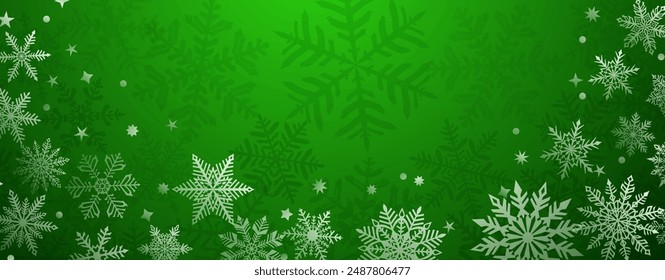 Weihnachtsmusiken Hintergrund von wunderschönen komplexen Schneeflocken, die sich darunter befinden, weiß auf grünen Farben. Winter-Illustration mit fallendem Schnee.