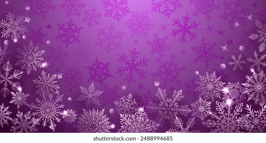 Weihnachtsmusiken Hintergrund von wunderschönen komplexen Schneeflocken, die sich darunter befinden, weiß auf lila Farben. Winter-Illustration mit fallendem Schnee.