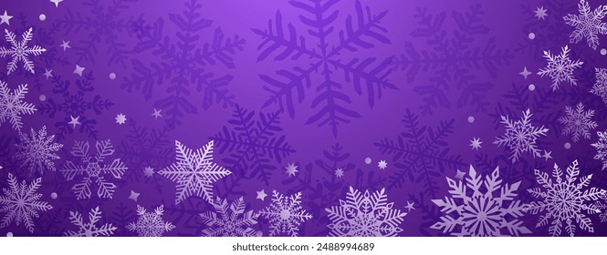 Christmas background of beautiful complex snowflakes located below, white on purple colors. Winter illustration with falling snow.