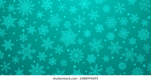 Christmas background of beautiful complex snowflakes in light blue colors. Winter illustration with falling snow.