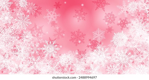 Christmas background of beautiful complex snowflakes located below, white on pink colors. Winter illustration with falling snow.
