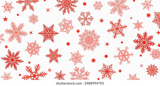 Christmas background of beautiful complex snowflakes, red on white. Winter illustration with falling snow.