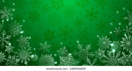 Christmas background of beautiful complex snowflakes located below, white on green colors. Winter illustration with falling snow.