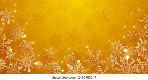 Christmas background of beautiful complex snowflakes located below, white on yellow colors. Winter illustration with falling snow.