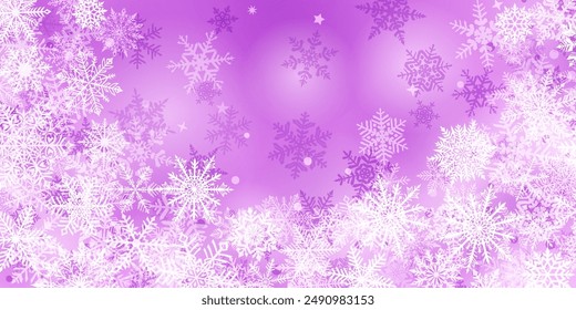 Christmas background of beautiful complex snowflakes located below, white on purple colors. Winter illustration with falling snow.