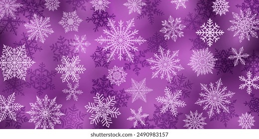 Christmas background of beautiful complex snowflakes, white on purple. Winter illustration with falling snow.