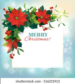 Christmas background with beautiful poinsettia garland and place for message. Vector illustration.