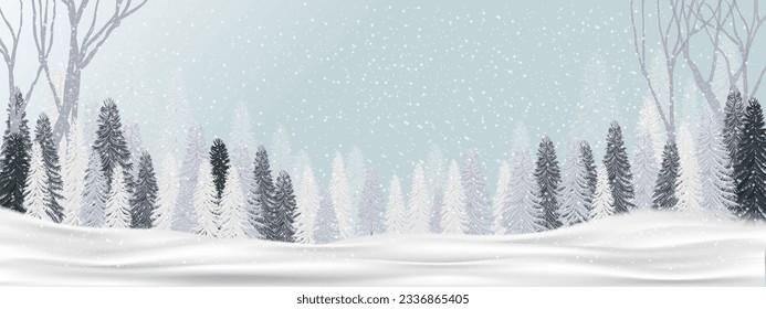 Antecedentes navideños con hermosos paisajes de invierno nevados en bosques con nevadas cubiertas de nieve, bosque de coníferas,Vector Banner Holiday Festive,Venta,Promoción,Tarjeta de felicitación,Encabezado del sitio web,Afiche