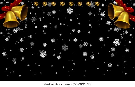 Christmas background with bell and snow rain isolated black color for the template 