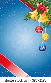 Christmas background with bells balls and fir-tree