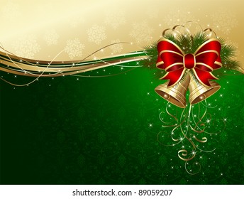 Christmas background with bells, bow, stars and snowflakes, illustration