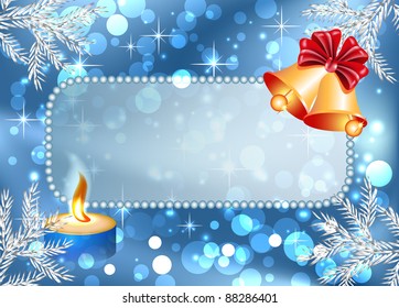 Christmas background with bells, burning candle and signboard