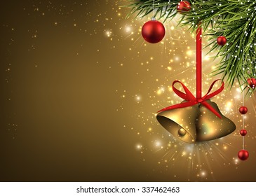 Christmas background with bells and fir branches. Vector Illustration.