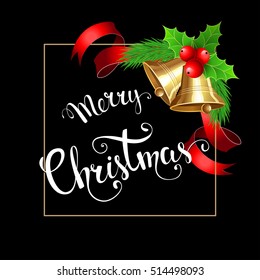 Christmas background with bells and handwritten text "Merry Christmas"