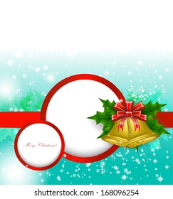 Christmas background, bells and red bow, red ribbon