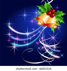 Christmas background with bells, serpentine and stars
